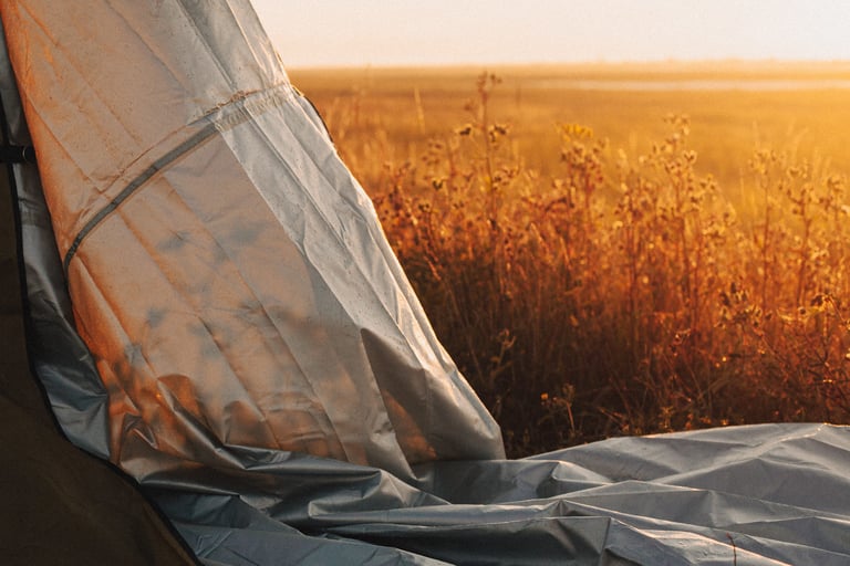 Grey tarp glowing in low sun beside tall grasses at the bivy spot.
