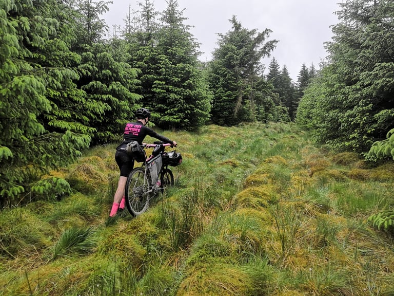 Farr Out Deliveries rider pushes a loaded bike through tussocky grass between conifers on the Pennine Rally.