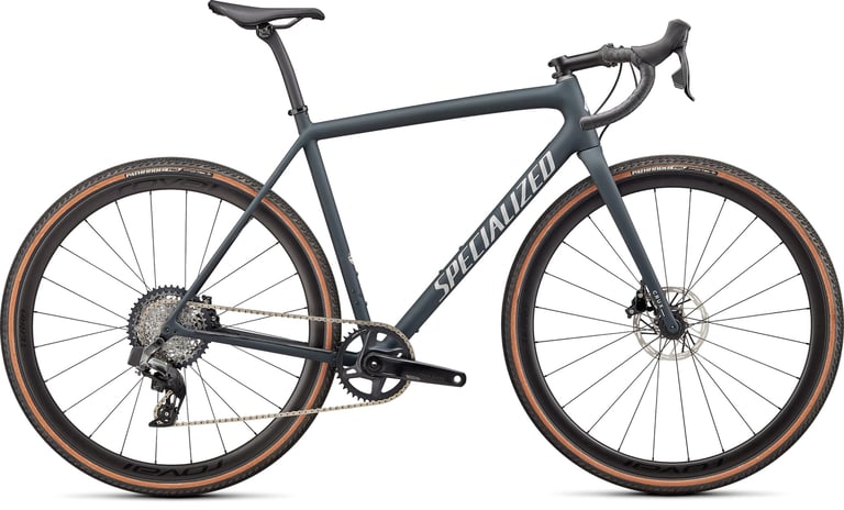 Specialized Crux Expert in dark green-grey with SRAM Rival XPLR AXS and Roval Terra C wheels, side view.