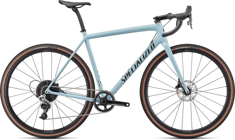 Specialized Crux Comp in pale blue with SRAM Rival 1x drivetrain and DT Swiss G540 wheels, side view.