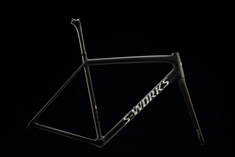 2021 Specialized S-Works Crux frameset in black with white lettering, shown on a black background.