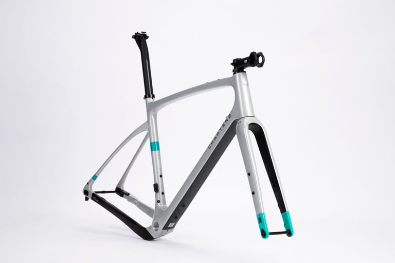 Chapter2 AO frameset in the limited edition Silver colourway with black and teal accents, shot in a studio.