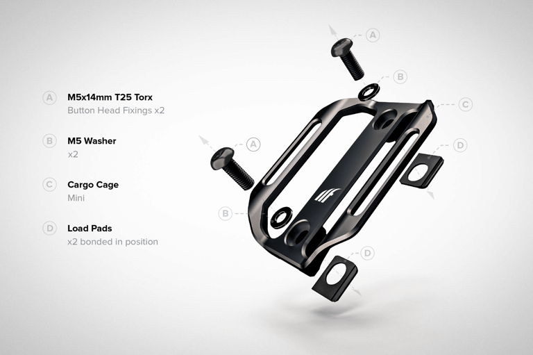 Exploded diagram of the Tailfin Mini Cage showing two M5 Torx bolts, washers and bonded load pads.