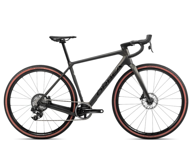 Orbea Terra M21E Team 1X in dark grey with SRAM Force eTap AXS 1x and Pirelli tan-wall tyres, side view.