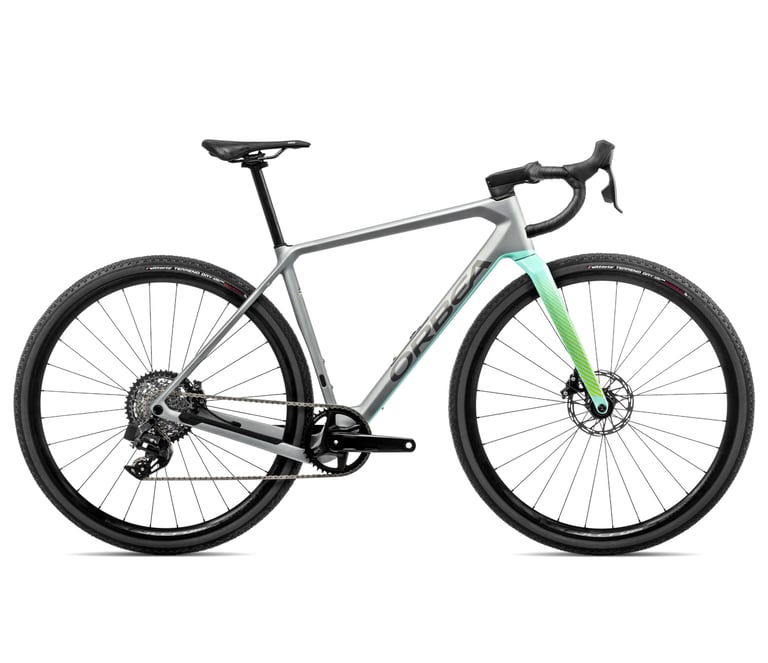 Orbea Terra M31e Team 1x in silver with a mint-green fork and SRAM Rival eTap AXS, side view.