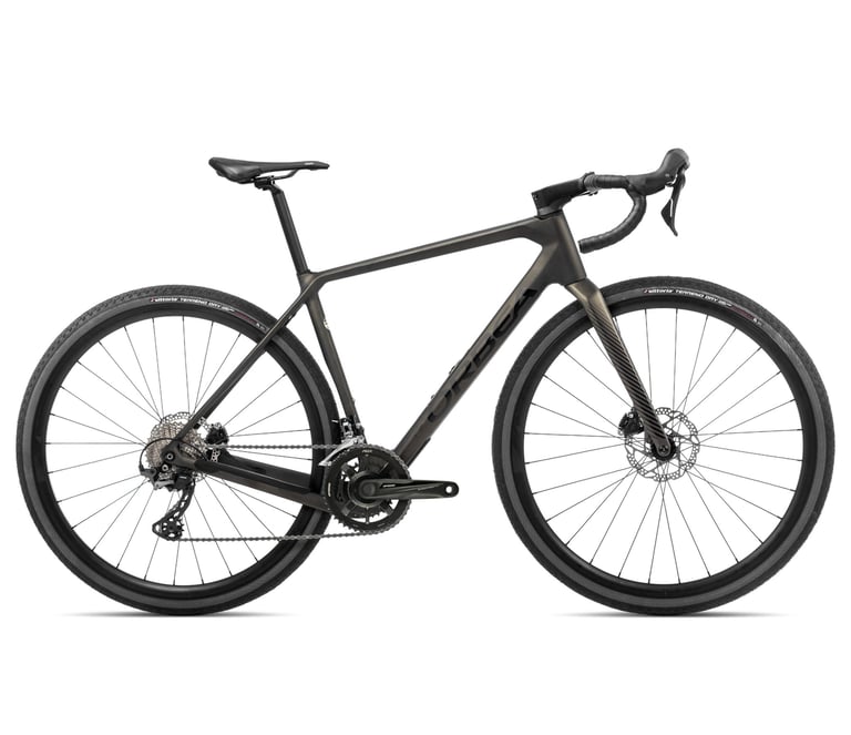 Orbea Terra M30 Team in dark metallic grey with a 2x chainset and Vittoria Terreno tyres, side view.