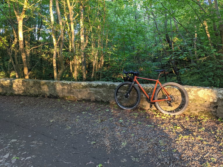 Fairlight Secan propped against a stone wall in evening light on the Lymphoy Road, east of Balerno.