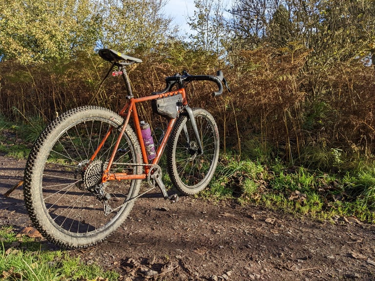 Current Fairlight Secan build with Vittoria Mezcal tyres and a frame bag on a muddy track beside autumn bracken.