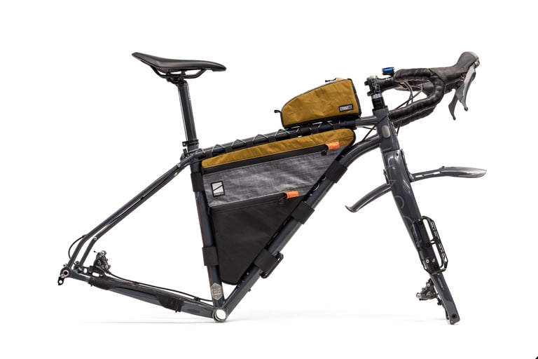 Side view of the StraightCut frame bag and top tube bag in mustard, grey and black on a Mason ISO, on a white background.