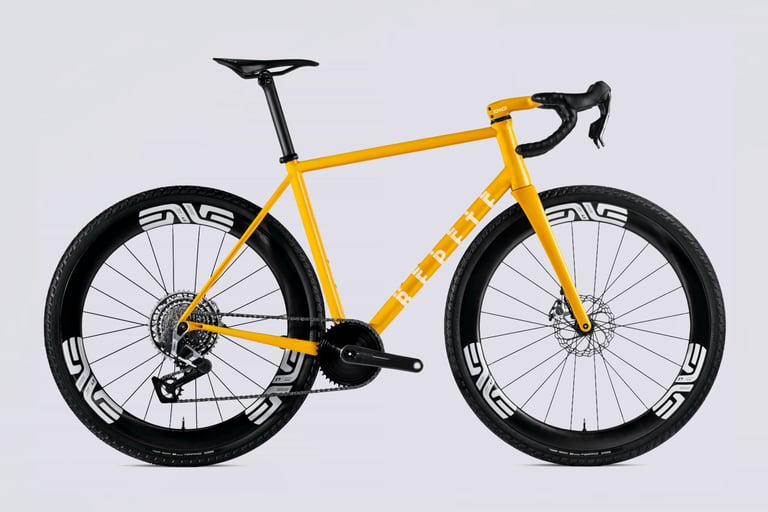 Repete G3: Verne gravel bike in yellow Digger paint, side on, with SRAM RED XPLR AXS and ENVE wheels.