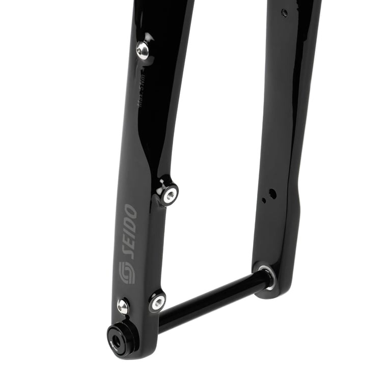 Lower legs of the gloss black Seido BANJO fork with two lowrider bosses, a mudguard eyelet and the 12mm thru-axle.