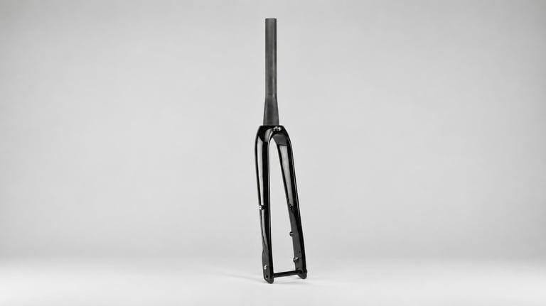 Seido BANJO carbon fork in gloss black, standing upright on a grey background with its uncut steerer.